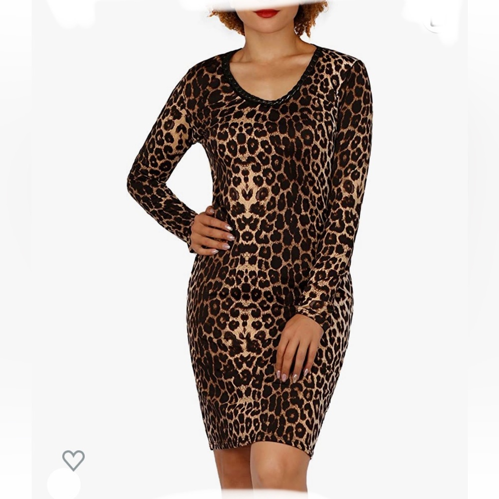 RAMISU  Long Sleeves Pencil Dress- Round Chain Neck Snakeskin Leopard Print Midi
